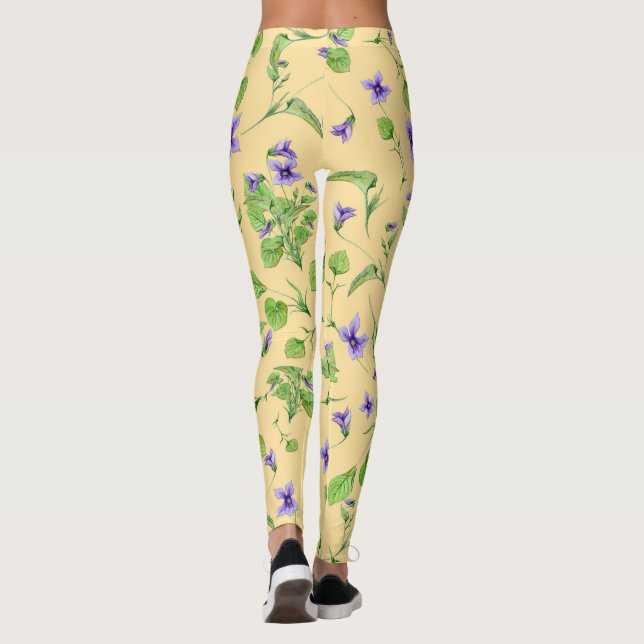 Yellow Summer Leggins with Watercolor Violets Leggings (Back)