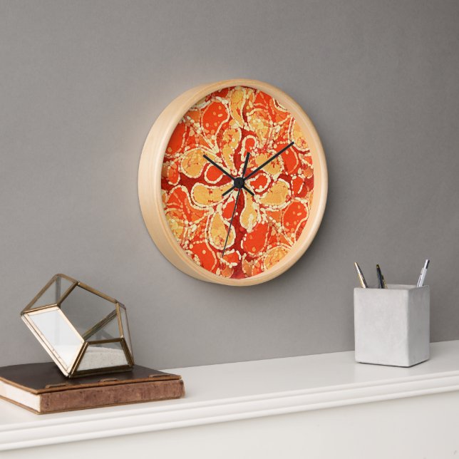 Yellow Summer Orange Bali Batik Art Style Paisley Clock (Office)