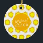 Yellow Summer Sun Sunshine Soak up the Rays Ceramic Tree Decoration<br><div class="desc">Ornament features an original marker illustration of a yellow summer sunshine. Just personalize with your name and date information.

This design is also available on other products. Don't see what you're looking for? Need help with customization? Contact Rebecca to have something designed just for you.</div>