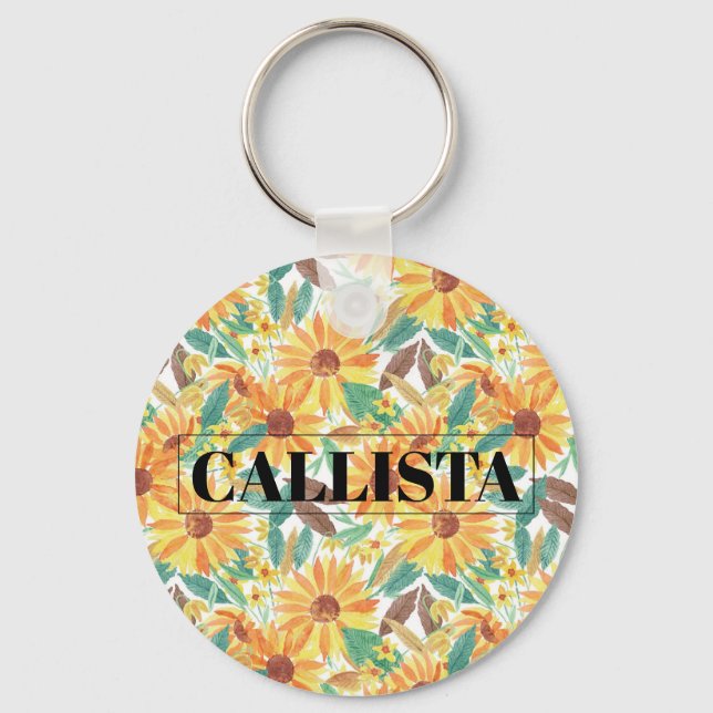 Yellow Summer Sunflower Watercolor Monogram Key Ring (Front)
