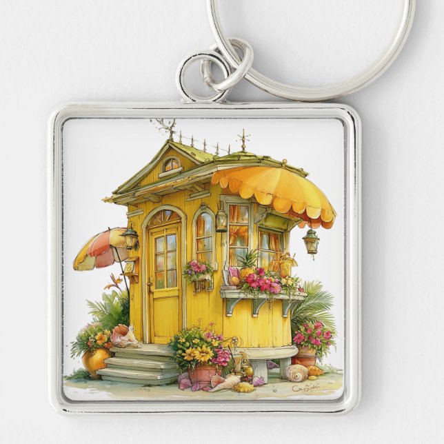 YELLOW SUMMER TROPICAL BEACH HUT KEY RING (Front)