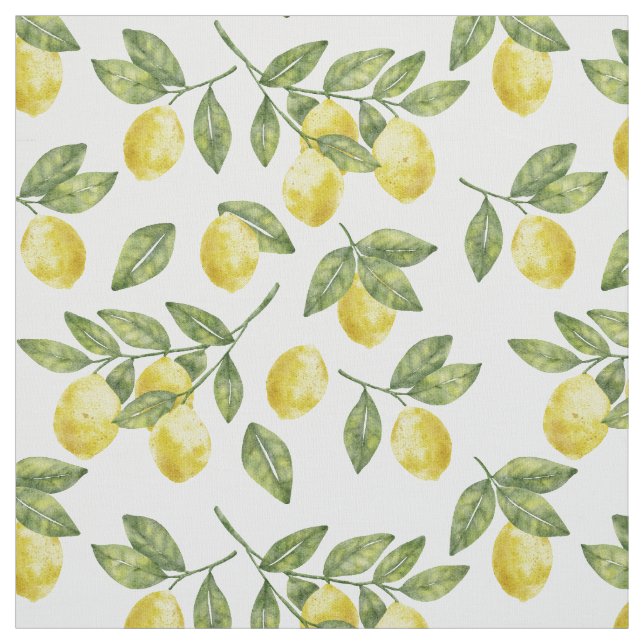 Yellow summer watercolor lemons with green leaves fabric (Swatch)