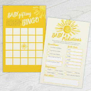 Yellow sun baby shower prediction and bingo games flyer