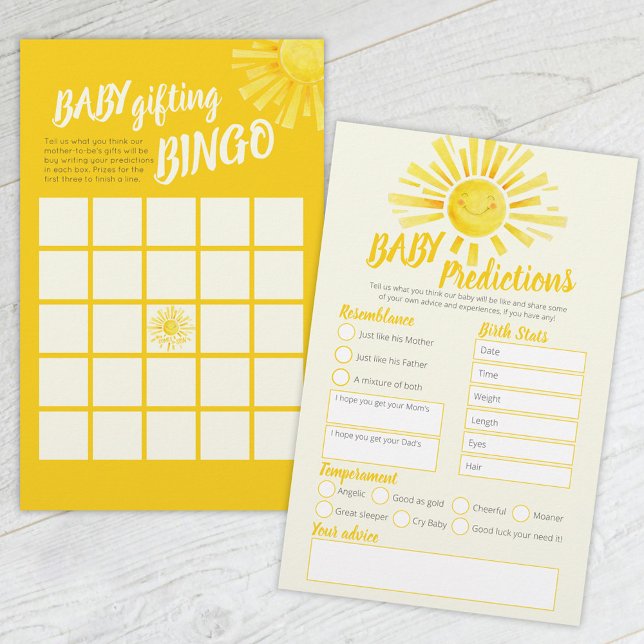 Yellow sun baby shower prediction and bingo games flyer (Creator Uploaded)