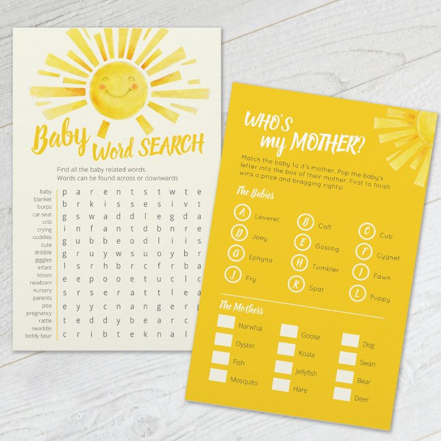 Yellow sun baby shower word search baby match game flyer (Creator Uploaded)