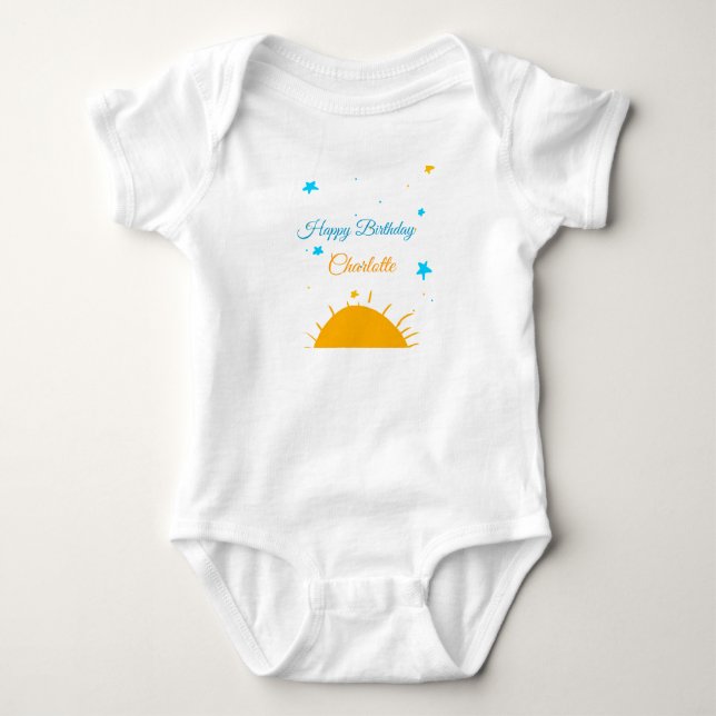 Yellow sun blue stars happy birthday add name text baby bodysuit (Front)