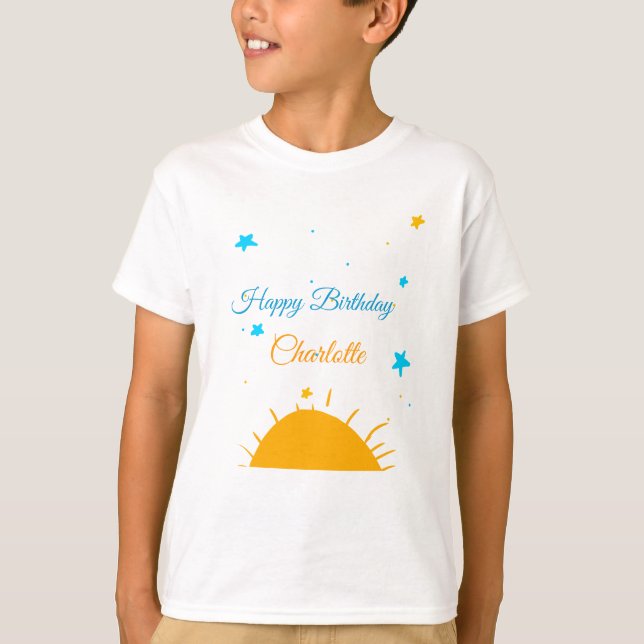 Yellow sun blue stars happy birthday add name text T-Shirt (Front)