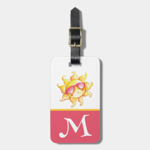 Yellow Sun in Pink Sunglasses Kid's Initial  Luggage Tag