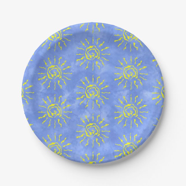 Yellow Sun Watercolor Background Blue Paper Plate (Front)