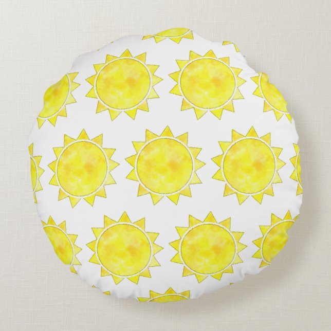 Yellow Sun Watercolor Pattern Round Cushion (Back)