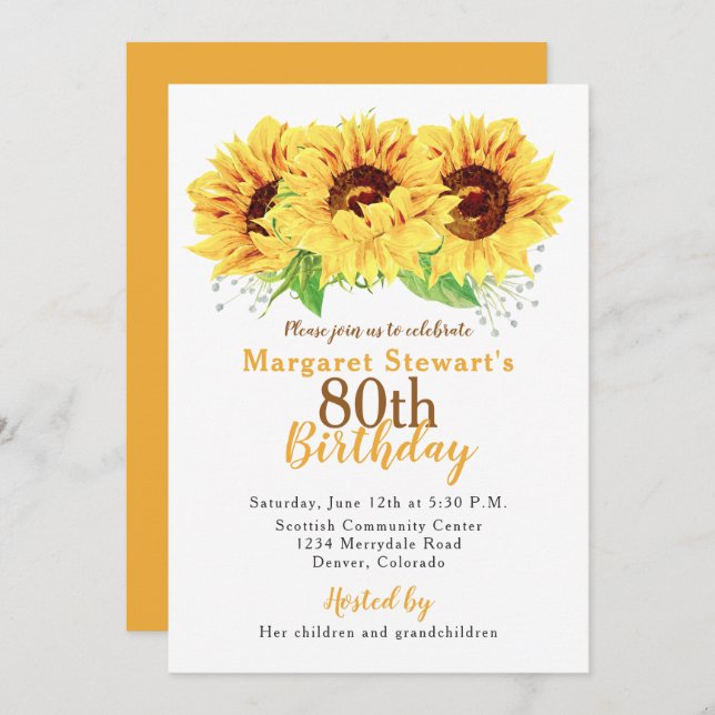 Yellow Sunflower 80th Birthday Invitation (Front/Back)