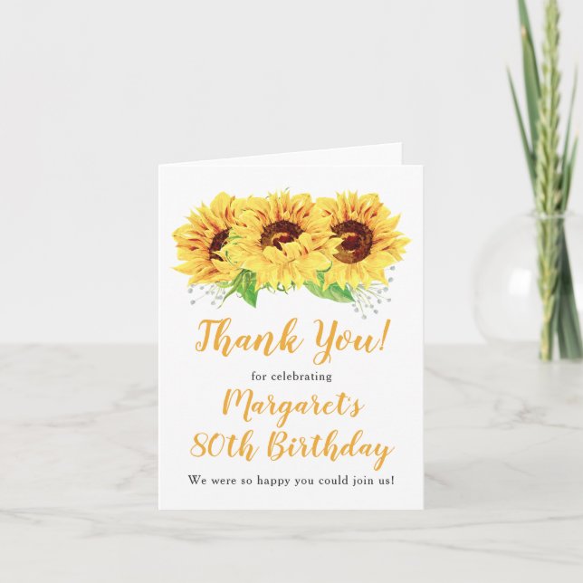 Yellow Sunflower 80th Birthday Thank You Card (Front)