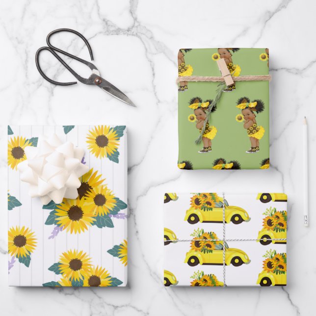 Yellow Sunflower |Adorable Ethnic Girl| Floral Car Wrapping Paper Sheet (Front)