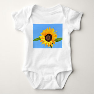 Yellow Sunflower Against Sun on Blue Sky - Summer  Baby Bodysuit