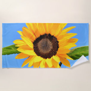Yellow Sunflower Against Sun on Blue Sky Summer Beach Towel