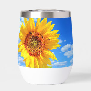 Yellow Sunflower and Bees on Blue Sky