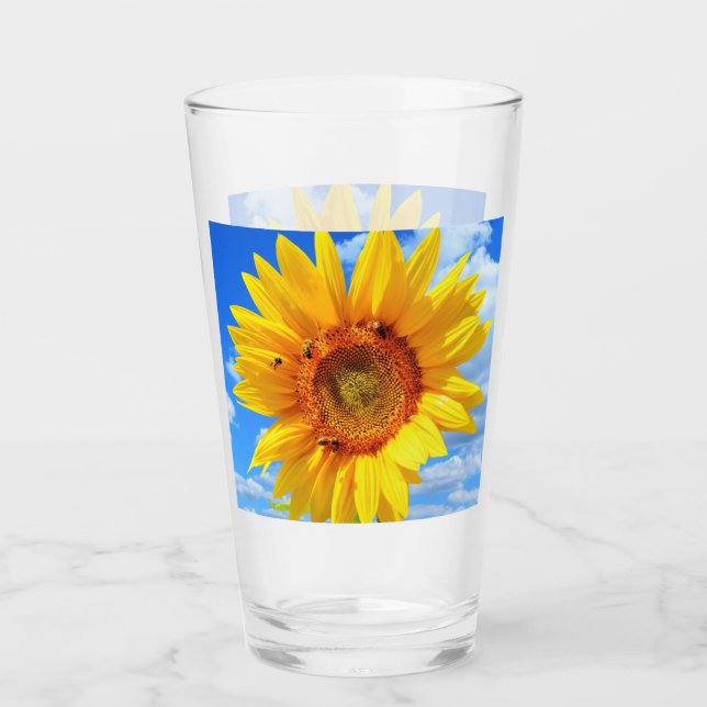 Yellow Sunflower and Bees on Blue Sky Glass (Front)