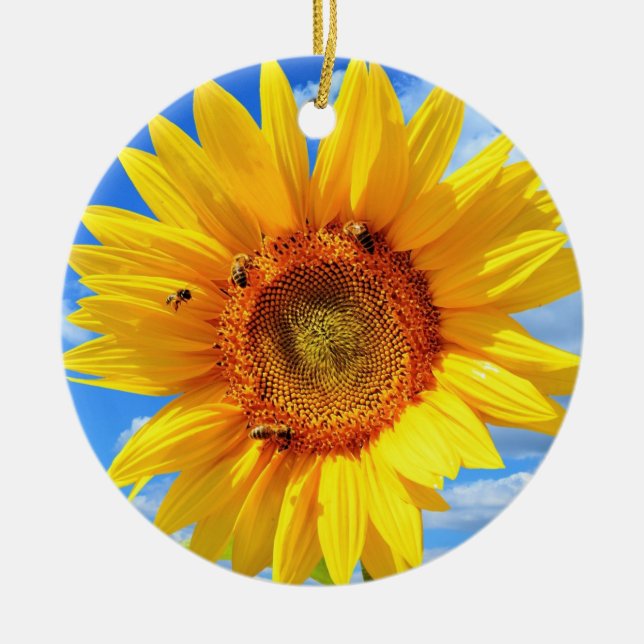 Yellow Sunflower and Bees on Blue Sky - Summer  Ceramic Tree Decoration (Front)