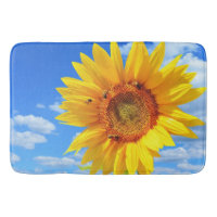 Yellow Sunflower and Bees on Blue Sky - Summer Day