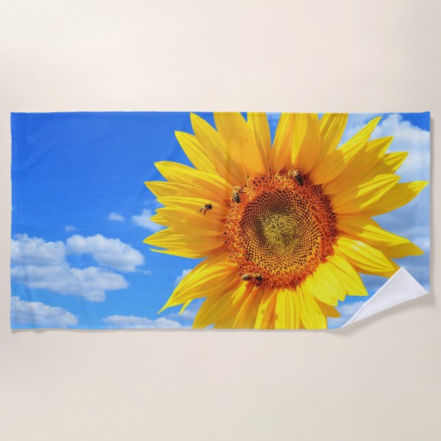 Yellow Sunflower and Bees on Blue Sky - Summer Day Beach Towel (Front)