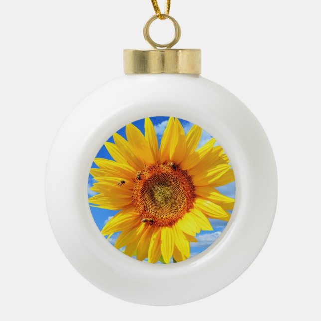 Yellow Sunflower and Bees on Blue Sky - Summer Day Ceramic Ball Christmas Ornament (Front)
