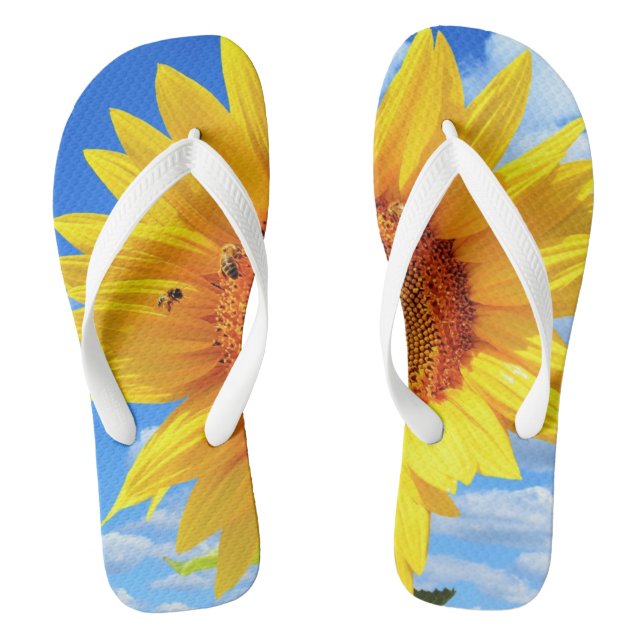 Yellow Sunflower and Bees on Blue Sky - Summer Day Jandals (Footbed)