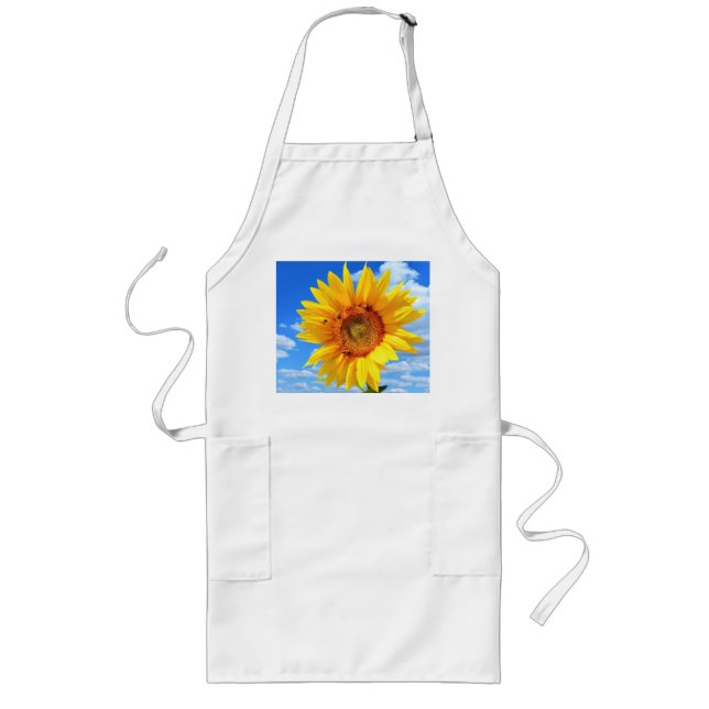 Yellow Sunflower and Bees on Blue Sky - Summer Day Long Apron (Front)
