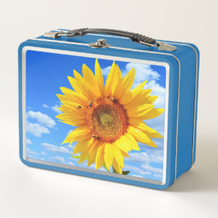 Yellow Sunflower and Bees on Blue Sky - Summer Day Metal Lunch Box