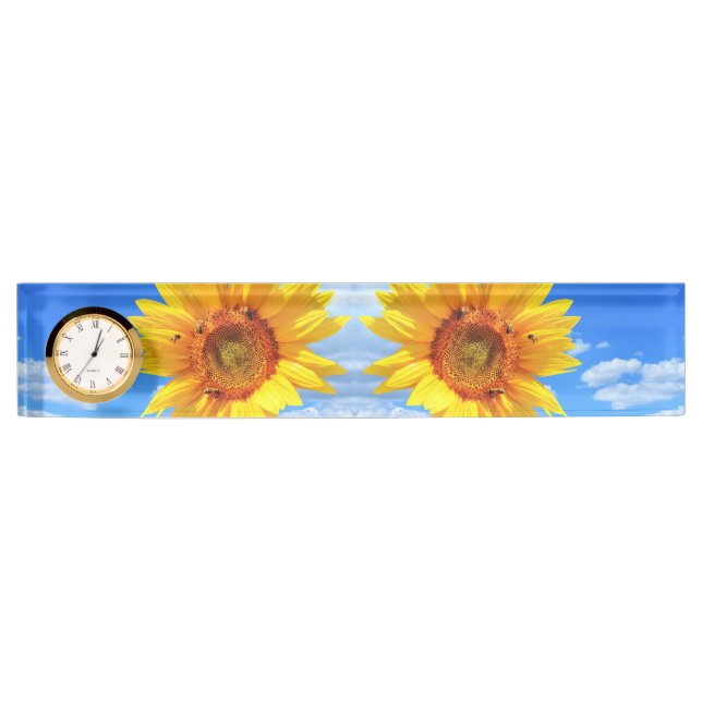 Yellow Sunflower and Bees on Blue Sky - Summer Day Nameplate (Front)
