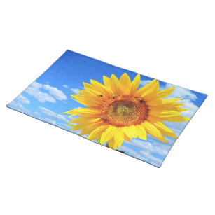 Yellow Sunflower and Bees on Blue Sky - Summer Day Placemat