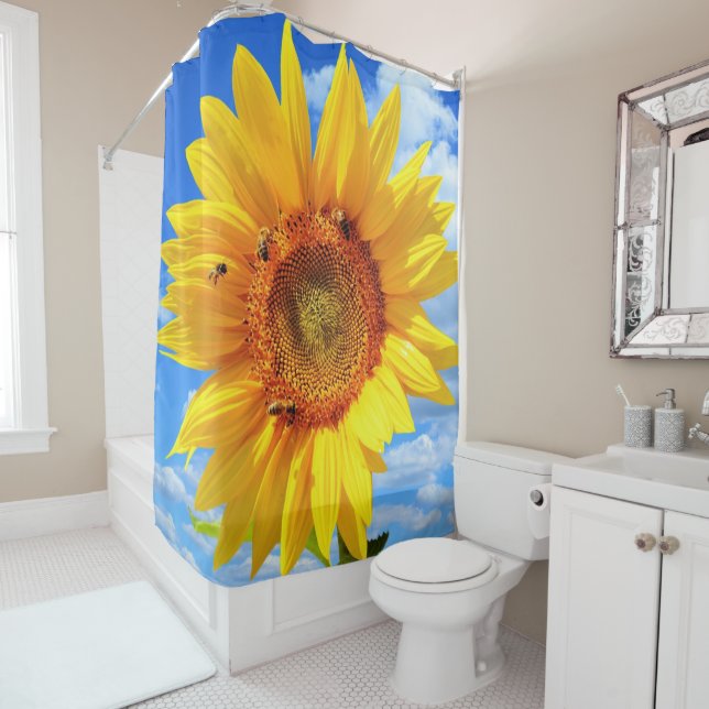 Yellow Sunflower and Bees on Blue Sky - Summer Day Shower Curtain (In Situ)