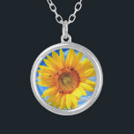 Yellow Sunflower and Bees on Blue Sky - Summer Day Silver Plated Necklace<br><div class="desc">Yellow Sunflower and Bees on Blue Sky - Summer Day - Photo Flower Nature - You can also personalise - Choose / Add Your Unique Photo - Image / Text - Name / Colour / Font / Size / more - Make Your Special Gift - Resize and move or remove...</div>