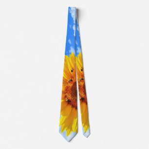 Yellow Sunflower and Bees on Blue Sky - Summer Day Tie