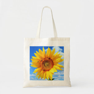 Yellow Sunflower and Bees on Blue Sky - Summer Day Tote Bag