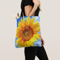 Yellow Sunflower and Bees on Blue Sky - Summer Day