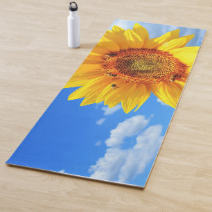 Yellow Sunflower and Bees on Blue Sky - Summer Day Yoga Mat