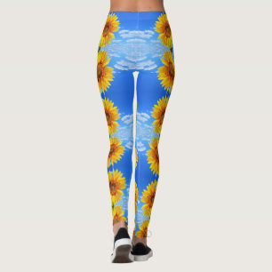 Yellow Sunflower and Bees on Blue Sky - Summer  Leggings