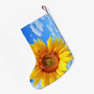 Yellow Sunflower and Bees on Blue Sky - Summer Small Christmas Stocking
