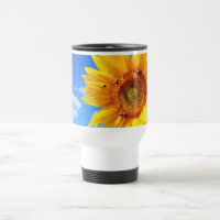 Yellow Sunflower and Bees on Blue Sky - Summer