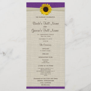 Yellow Sunflower and Burlap Purple Wedding Program Programme
