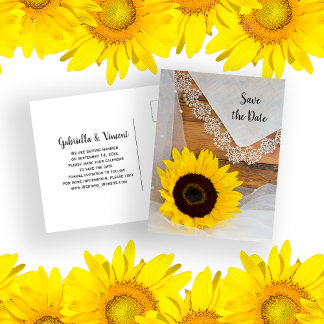 Yellow Sunflower and Lace Wedding Save the Date Announcement Postcard