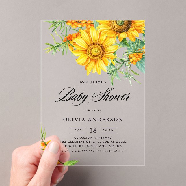 Yellow Sunflower and Sea Buckthorn Baby Shower Acrylic Invitations (Insitu (Handheld))