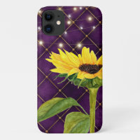Yellow Sunflower and String Lights on Purple