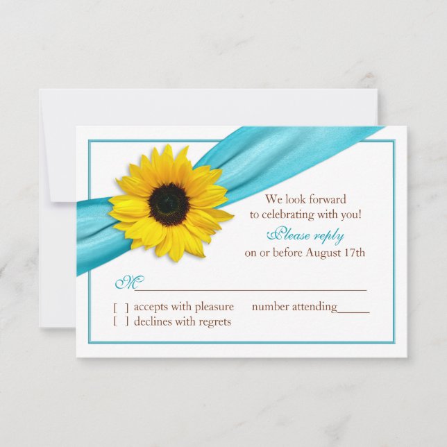 Yellow Sunflower Aqua Blue Ribbon Wedding RSVP Card (Front)