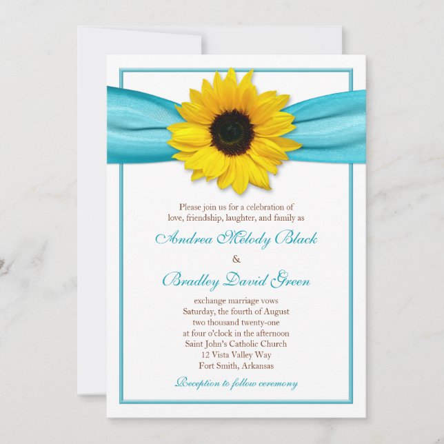 Yellow Sunflower Aqua Ribbon Wedding Invitation (Front)