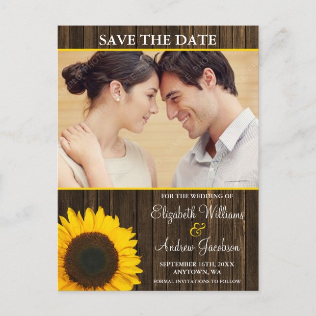 Yellow Sunflower Barn Wood Photo Save the Date Announcement Postcard (Front)