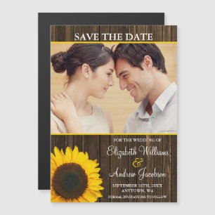 Yellow Sunflower Barn Wood Photo Save the Date Magnetic Invitation