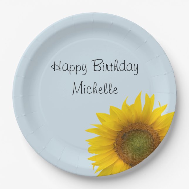 Yellow Sunflower Birthday Blue Country Floral Paper Plate (Front)