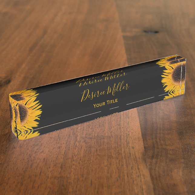 Yellow Sunflower Black Background Rustic Country Nameplate (Side)