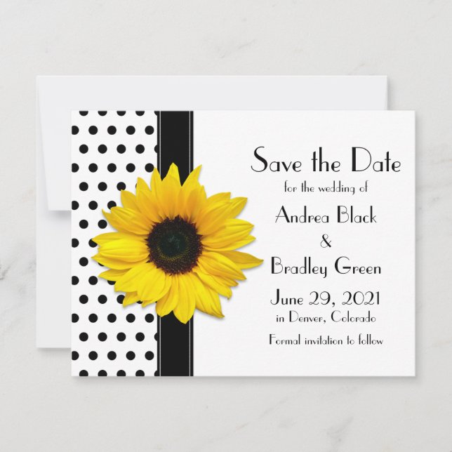 Yellow Sunflower Black Polka Dots Save the Date (Front)